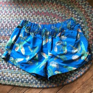 Patagonia Baggies 2.5” size small. Blue w/ green, coral, & light blue parrots!